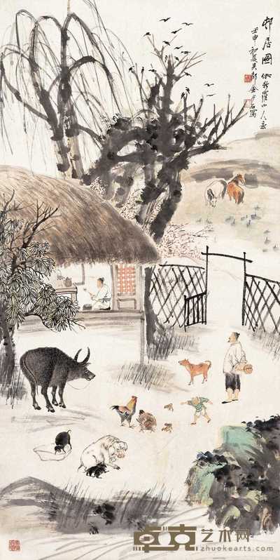 金少石 1932年作 村居图 立轴 128.7×64.5cm